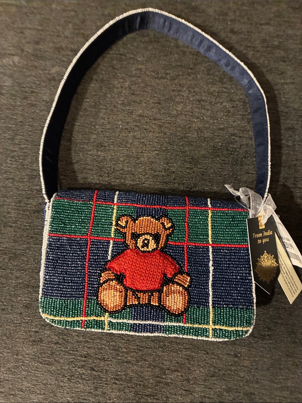 *VIRAL* Ralph Lauren inspired Beaded Teddy Bear Shoulder Bag in Navy & Red
